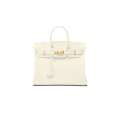 HERMES BIRKIN 25 TOGO LEATHER MILKSHAKE WHITE WITH AGATE BLUE LINING AND GOLD BUCKLE HANDBAG 2104102324847 (25*20*13cm)
